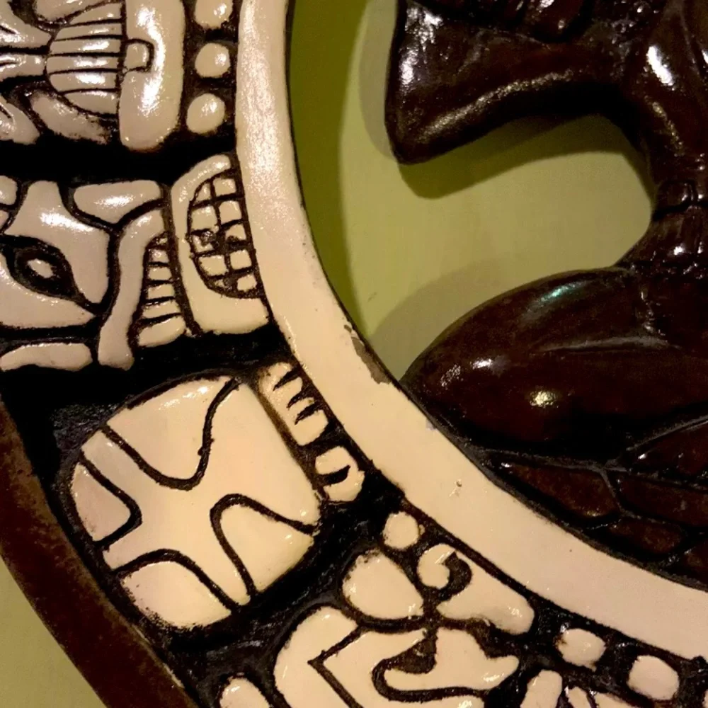 Aztec/Mayan Calendar 10.25” Diameter Glazed Ceramic & Wood Unique